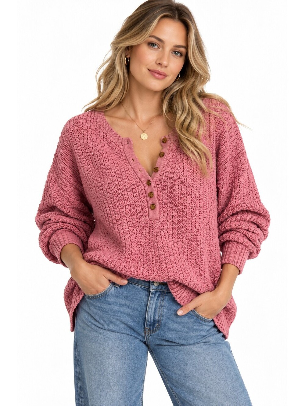 Vintage Henley Sweater Express Pink Cotton Oversized Textured Knit Womens M 90s